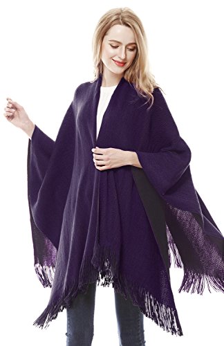 Lovful Women Winter Warm Faux Cashmere Feel Poncho Capes Scarf Shawl Cardigans Sweater Coat,BlackPurple