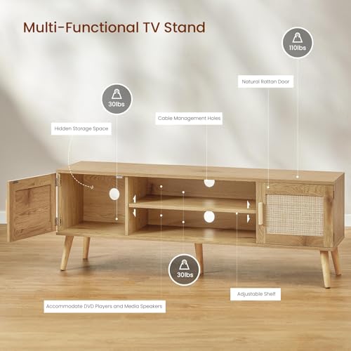 FIONESO Rattan TV Stand for 60 Inch TV, TV Bench, Entertainment Center TV Console with 2 Cabinets & Shelf, Media Console,TV Cabinet for Living Room, Natural+Rattan