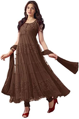 Net Semi Stitched Anarkali Salwar Kameez In Brown Colour