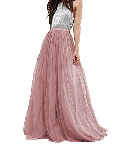 Women Wedding Long Tulle Skirt Dress Bridal Bridesmaids Floor Length High Waisted Maxi Tutu Party Dress (Mauve, Medium)