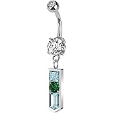 Pierced Owl 14GA 316L Stainless Steel Blue and Green CZ Crystal Pointed Baguette Dangling Belly Button Ring