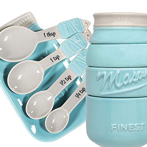 Mason Jar Kitchen Utensil Set - Includes Measuring Cups + Spoon Rest + Measuring Spoons (Blue)