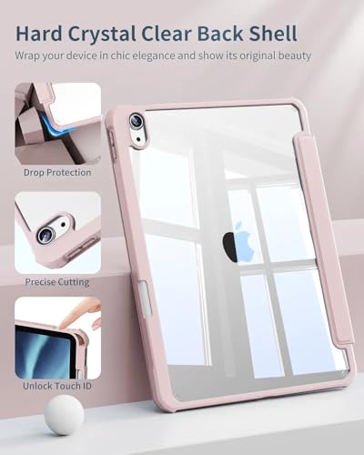 Case for iPad (A16) 11th Generation 11 inch 2025, iPad 10th Generation 10.9 inch 2022 with Pencil Holder, Clear Transparent Back Shell with Shockproof Cover, Auto Sleep (Pink)