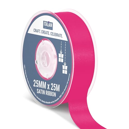 Italian Options Satin Ribbon, Fabric Ribbons for Gift Wrapping, Crafting, Balloons, Wedding Car, Presents, Cake, Christmas, Birthday, Gift Wrap Accessories, 25mm Wide x 25 Metre Roll, Cerise