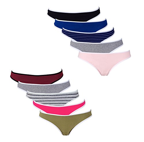 Underwear Women Thong Panties 10 Pack Cotton Seamless w/ Spandex (Medium, Assorted)