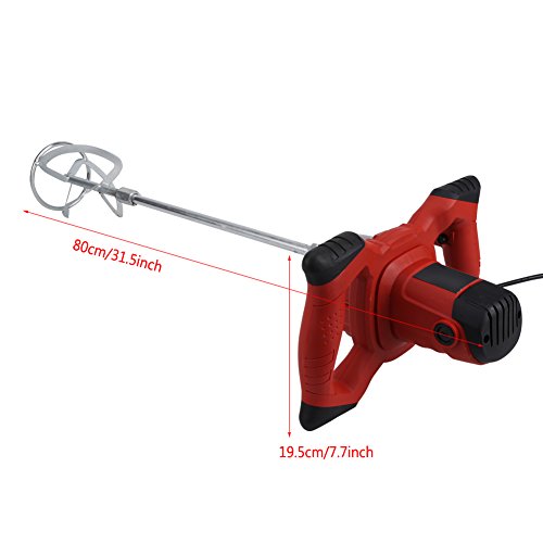 Liusin Electric Concrete Mixer Handheld 1500W Adjustable 7 Speed Heavy Duty Mortar Cement Mixer with Mixing Paddle for Thinset Grout and Mortar AC 110V (Red)