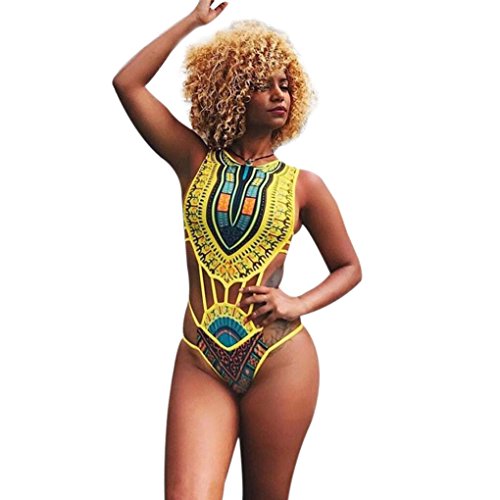 Elogoog Sexy Women One Piece Swimsuit Push up Padded Vintage Floral Bikini Bathing Suits (Yellow, L)