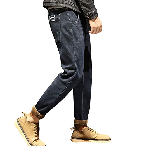 Mens Elastic Jeans Pants Winter Fashion Harlan Alphabet Stretch Feet Trousers Thicken Plus Velvet Casual Long Pants