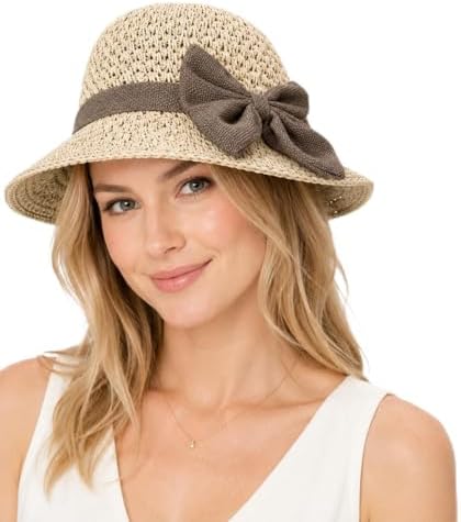 Amazon.com: Women Wide Brim Straw Hat Colorful Bow Foldable  display picture 1