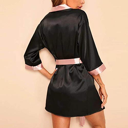Womens Sexy Sleepwear Robe Respctful✿ Deep v Neck Satin Kimono Robe Lightweight Robe Short Knit Bathrobe Soft Sleepwear Black