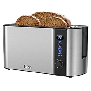 IKICH 4-Slice Upgraded [LED Countdown Display ] Stainless Steel, Warming Rack, 6 Variable Control, 4slice Long Slot Toaster [ Frozen&Cancel&Reheat ], Removable Crumb Tray, 1500W, 1500 W, Black&Silver