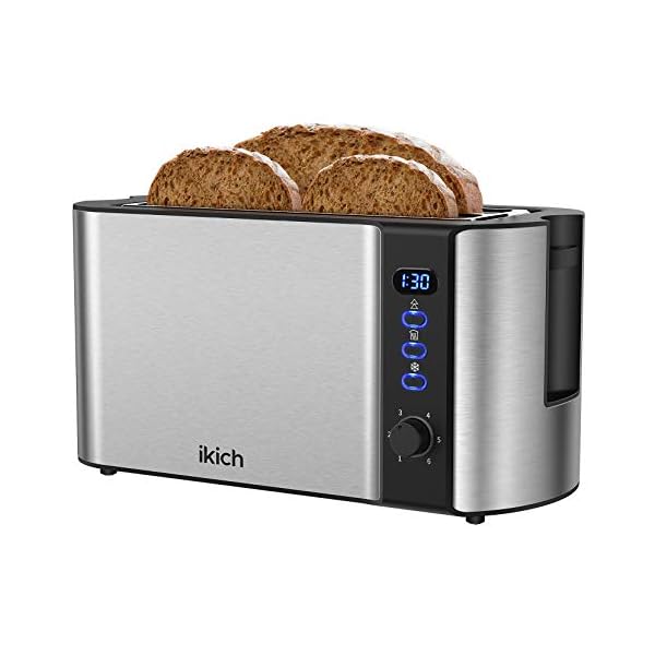IKICH 4-Slice Upgraded [LED Countdown Display ] Stainless Steel, Warming Rack, 6 Variable Control, 4slice Long Slot Toaster [ Frozen&Cancel&Reheat ], Removable Crumb Tray, 1500W, 1500 W, Black&Silver