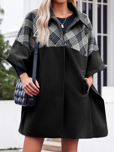 TANKANEO WOMENS OVERSIZED PLAID PEA COAT WINTER CASUAL MID LENGTH CAPE PONCHO JACKETS WITH POCKETS