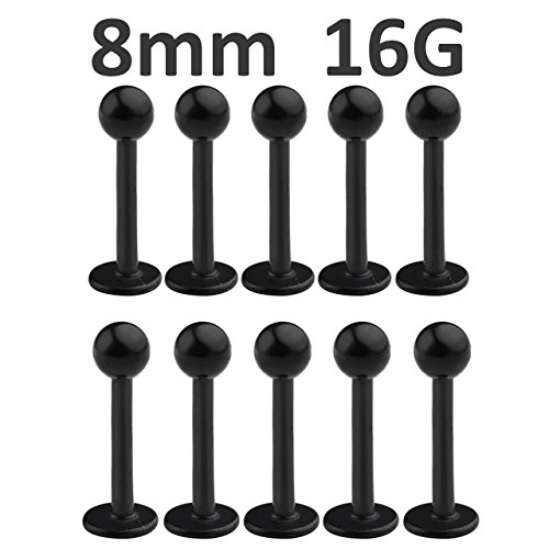 PiercingJ 10pcs 16G 5/16" (8mm) Black Stainless Steel Labret Lip Ring Ball Spike Stud Piercing Jewelry