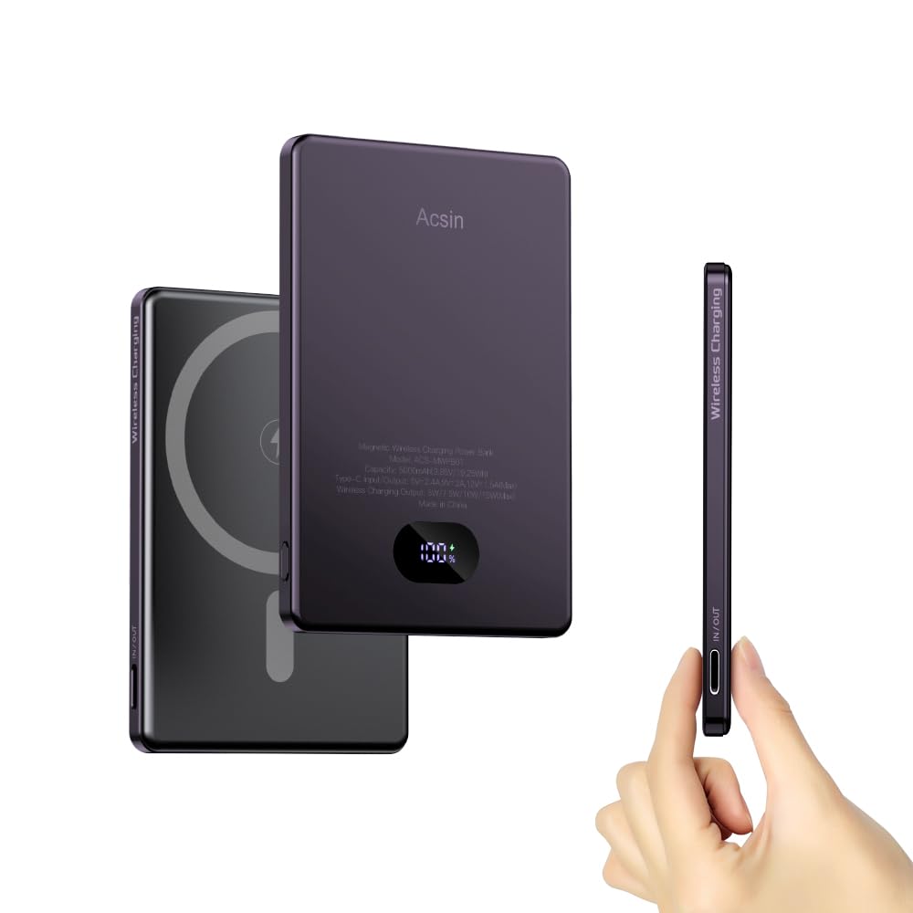 Photo 1 of Acsin Magnetic Portable Charger Ultra Slim 5000mAh for Magsafe Battery Pack,Wireless Power Bank with 20W Two Way USB-C Charging for iPhone 15 Pro Max /15 Pro/15 Plus/15/14/13/12 Series (Purple)