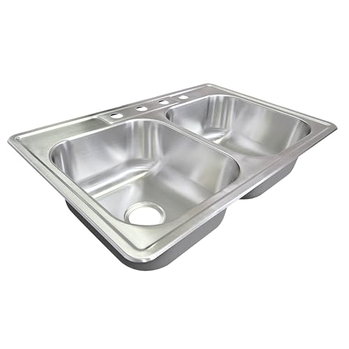 33-inch Stainless Steel Topmount 4-hole 50/50 Double Bowl 8-inch Deep Kitchen S…
