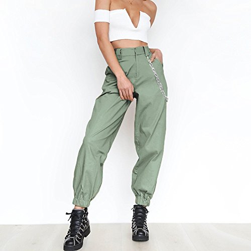Minisoya Women Cargo Pants Slacks Casual Harem Baggy Hip Hop Dance Outdoor Jogging Sweatpants Trousers with Chain (Green, S)