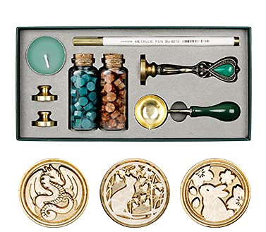 Vintage Wax Seal Stamp Kit Animal Sealing Wax Beads Set Gift Box, 3 Wax Stamp Brass Heads with Retro handle and Spoon for Envelopes Letters Wedding Invitations FestivalCards Gift #Rabbit, Dragon, Cat