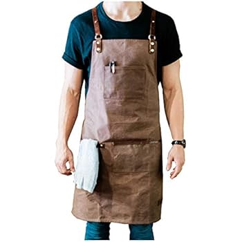 ApronMen Premium Waxed Canvas Barista Apron - Genuine Leather Straps & Accents - Hickory Brown - Work Apron with Towel Holder for Coffee Shops, Bartenders and Service Professionals