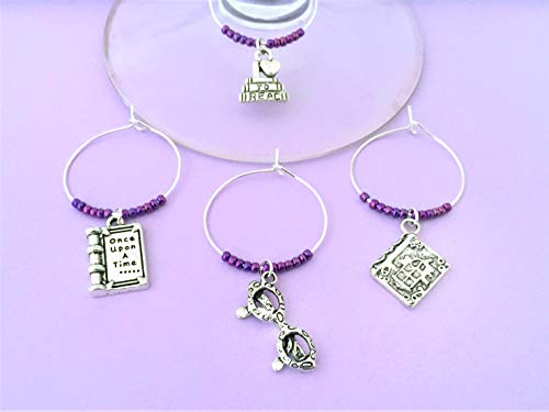 Book Lover gift, Literary Lover Wine Charms, Book Nerd gift, Includes"I love to read", Once upon a time book, glasses, and patterned book. Set of 4. PURPLE BEADS.