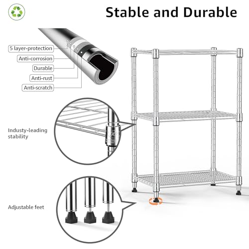 M MZG Metal Shelving Unit with 3 Levels, Load Capacity 204 kg, Adjustable Shelves for Kitchen, Bathroom, Pantry and Office, Study, Chrome, 30 x 45 x 67 cm
