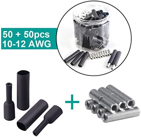 100pcs Seal Heat Shrink Wire Butt Connectors, 50pcs 10-12 AWG Crimp Copper Connector + 50pcs 3:1 Waterproof Heat Shrink Tubing, Insulated Splice Terminal Kit for Marine Automotive Wiring by MILAPEAK