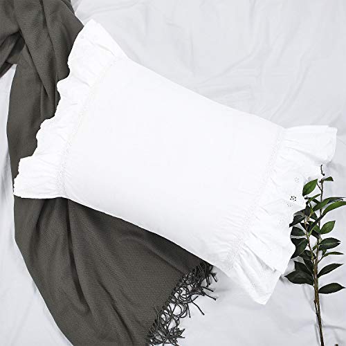 Eyelet Pillow Shams Ruffled King Bright White Shabby Chic Lace Set of 2