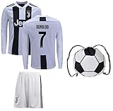Cristiano Ronaldo Juventus #7 Youth Soccer Jersey Home Long Sleeve Shorts Kit Kids Gift Set (YM 8-10 Years, Ronaldo #7) White/Black