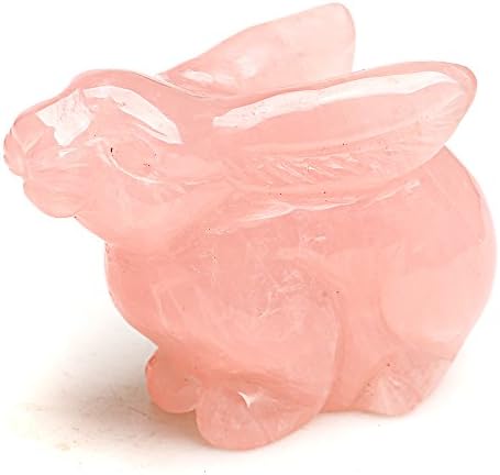 Pink Reiki Healing Crystal Carved Rabbit Statue Stone Rose rabbit animals Totem Charm Statue (3" L x 2.2" H)