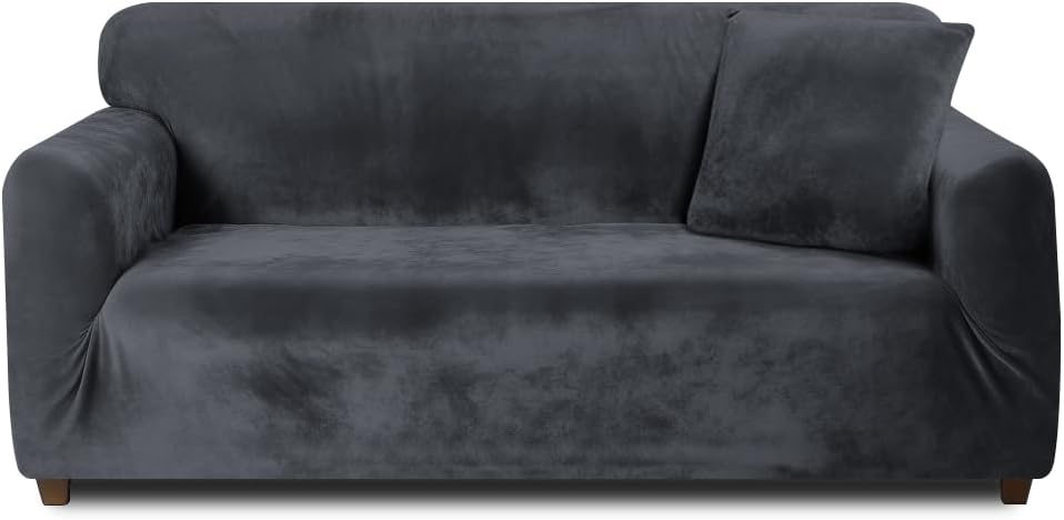 Teynewer Thick Velvet Sofa Cover 4 Seater Dark Grey High Stretch Non Slip