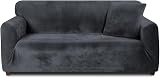 Teynewer Thick Velvet Sofa Cover 4 Seater Dark Grey High Stretch Non Slip