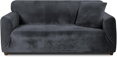 Teynewer Dark Grey Velvet Sofa Cover 3 Seater Non-Slip Stretch Protector