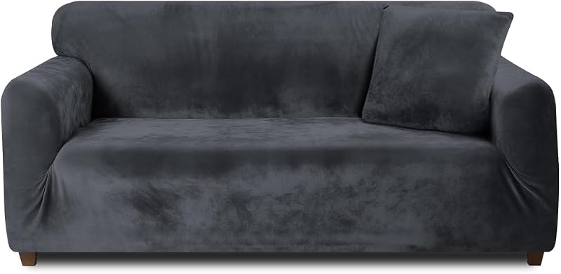 Teynewer Thick Velvet Sofa Cover 4 Seater Dark Grey High Stretch Non Slip