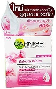 NEW Garnier Skin Natural Sakura White pinkish Radiance &amp; Poreless Serum Day cream SPF21/PA++ Net wt 1.8 Oz or 50 ml. by onefeelgood shop