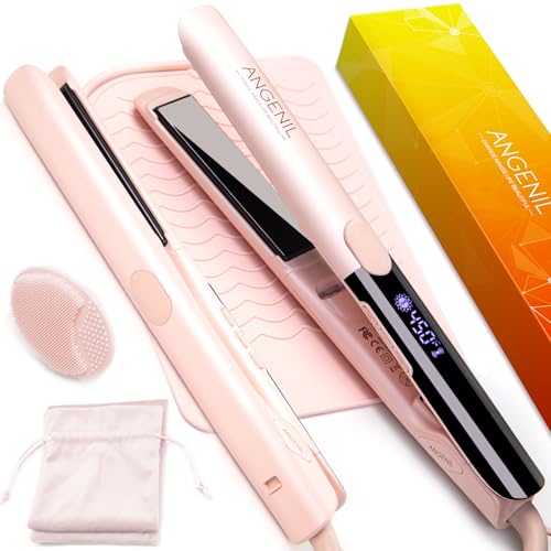 ANGENIL Pro Titanium Flat Iron Hair Straightener and Curler 2 in 1, Dual Voltage Hair Straightening and Curling Irons, Round Pink Hair Straightener with Heat Resistant Silicone Mat Tools, 15s Fast Heating