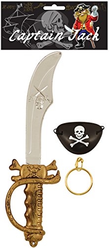 HENBRANDT Single Children’s Pirate Sword and Accessories Set with Eyepatch and Gold Hoop Earring Toy Pirate Sword Kids Cutlass Pretend Play Fancy Dress Costume Accessory for girls and boys