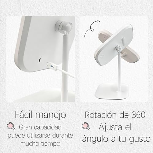 GUZHUANG Espejopara Maquillaje，con Lupa 5X ，Luces Tricolor Maquillaje con Luces，Interruptor Táctil，Portátil Espejos con Luz，Rotación de 360 Grados，con Bandeja Espejo con Aumento Y Luz (Blanco)