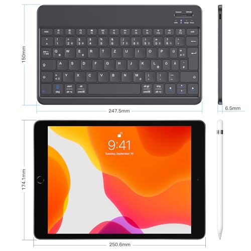 Emetok German Bluetooth Keyboard for iPad Air/Pro/Mini/10.9/10.2/9.7/iPhone/Android, Magnified Keycaps, Rechargeable, QWERTZ, Portable Wireless, Ultra Thin, Black