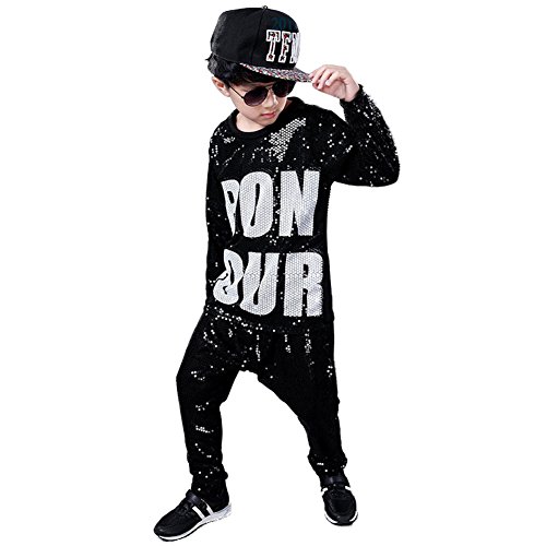 DREAMOWL Girls Boys Sequin Hip Hop Dance Costumes Ballroom Modern Jazz Clothing Top Pants (Black, 10-12)