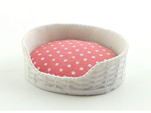 Melody Jane Dollhouse Pink & White Dog Cat Bed Basket & Cushion Miniature Pet Accessory