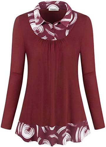 Elemevol Women's Office Tunic Blouses Classy Contrast Collar Form Fitting Long Sleeve Shirt Tops