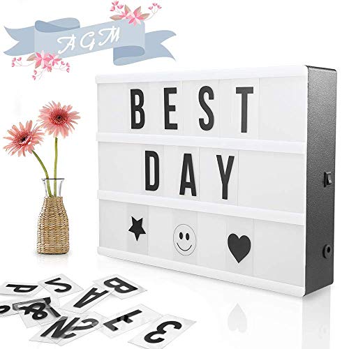 Cinema Light Box, AGM LED A4 Cinematic Night Light Box with 90 DIY Black LettersAA Battery or USB Art Desk Table Night Lights Lamp Gifts