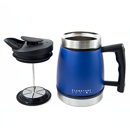 French Press Table Top Coffee and Tea Maker Carafe with Brü-Stop Technology - 32 oz - Stainless Steel with Grip Texture - Mountain Lake Blue