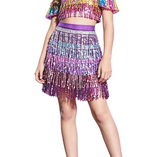 LOLANTA Girls Fringe Sequin Skirt with Built-in Pants for Carnival Iridescent Design Performance for Dance and Festival
