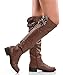 Qupid Relax-01XXX Vegan Leatherette Double Buckle Two Tone Stacked Heel Knee High Boot COGNAC TAN PU (8)