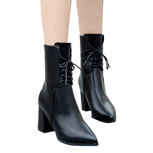 AgrinTol Women's Retro Tassel Shoes Leather High Heel Pointed Toe Lace-Up Martin Boots