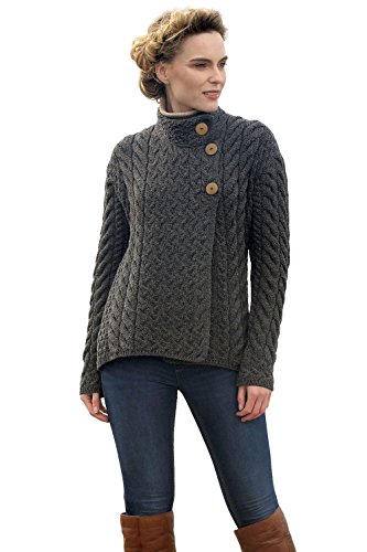 Aran Woollen MillsAsymmetrical Irish Multi Cable Wool Cardigan (Small, Slate Grey)