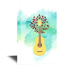 Canvas Wall Art - Leaves Growing from a Guitar on Watercolor Style Background - Gallery Wrap Modern Home Art | Ready to Hang - 12x18 inches