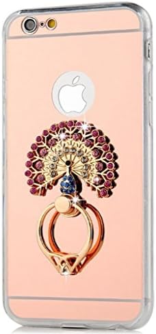 6S Plus (5.5 ") Case, TAIYANYU® 3D Handmade Bling Pink Crystal Peacock with Metal Ring Stand Holder 360-degree Rotating Design Rose Gold Mirror Soft TPU Clear Cover for Iphone 6/6S Plus 5.5 Inch