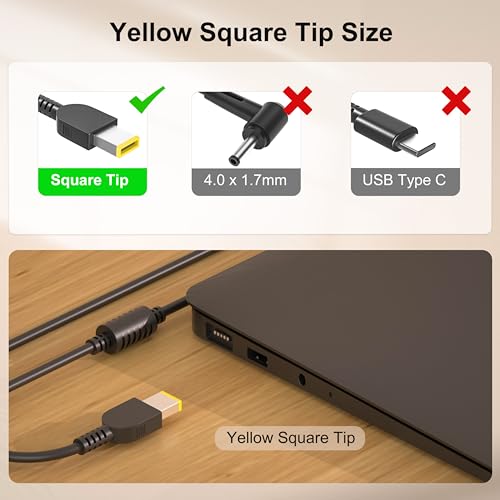 NATNO 65W AC Adapter for Lenovo Z40 Z50 Z50-70 Z50-75 G40 G50 G50-70 G50-80 Thinkpad L440 L460 L470 T440 T450 T460 T470 T540 T560 X230 X240 X250 Power Cord (Yellow Square Tip - Not Type C)